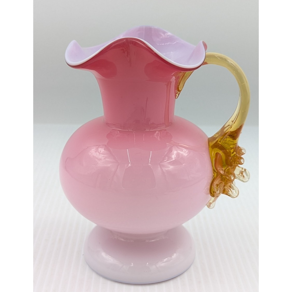 Bohemian Victorian Pink White Cased Art Glass Vase Applied Amber Glass Handle 6"